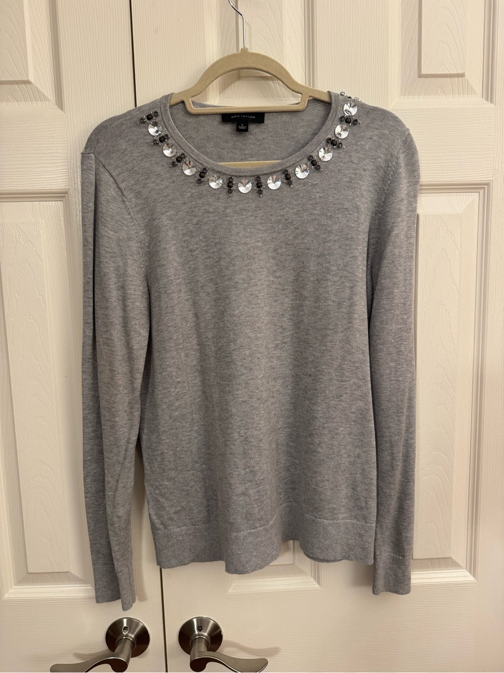 Ann Taylor Silver Jewel Neck Knit Cotton Sweater